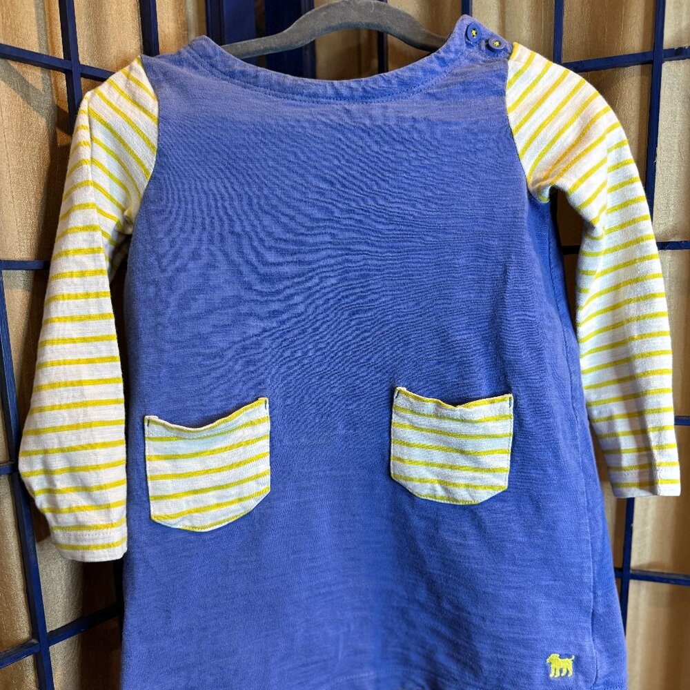 Mini Boden Stripe Pocket Tunic Dress 2-3 Years Blue Yellow Dog Logo